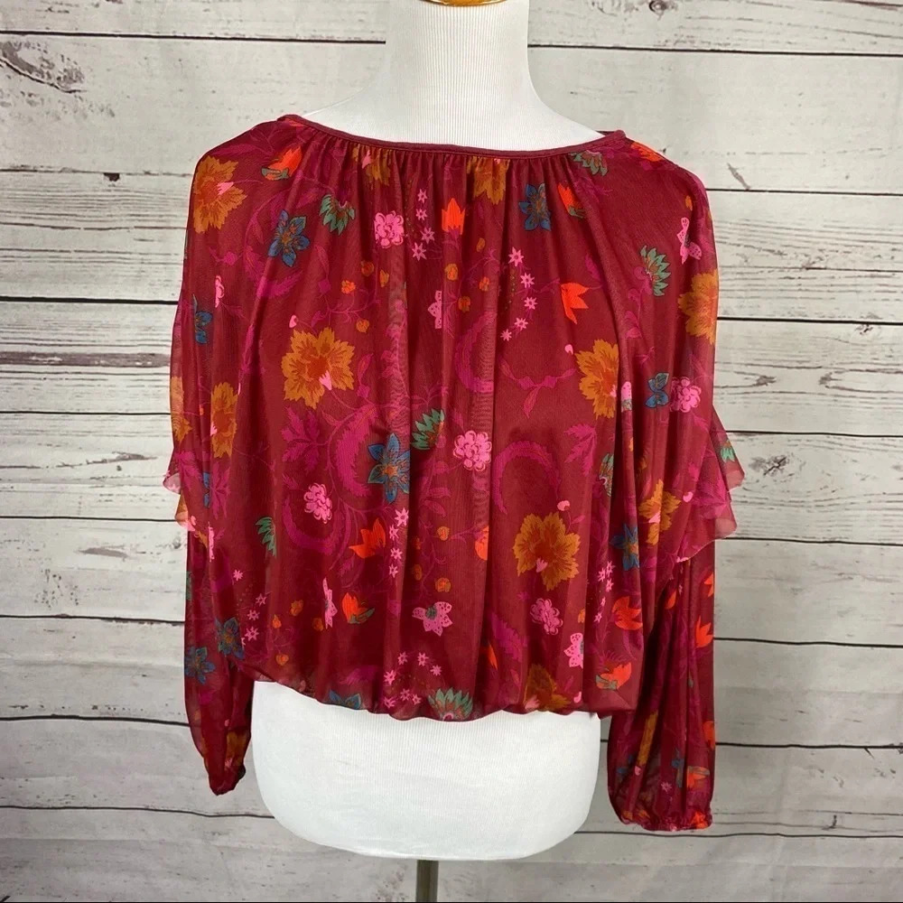 FREE People maroon mesh floral design long sleeve loose fit blouse top Sz XS